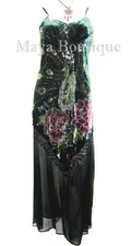 Black Dress Gown Silk Burnout Velvet Beaded Peacock Maya Matazaro S/M