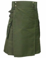 Men's Scottish Traditional Utility Kilt Olive Green Cotton Utility Kilt