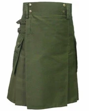 Men's Scottish Traditional Utility Kilt Olive Green Cotton Utility Kilt
