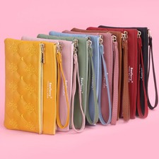 Women Leather Double Zip Phone Wristlet Wallet Embroidery Coin Purse Handbag