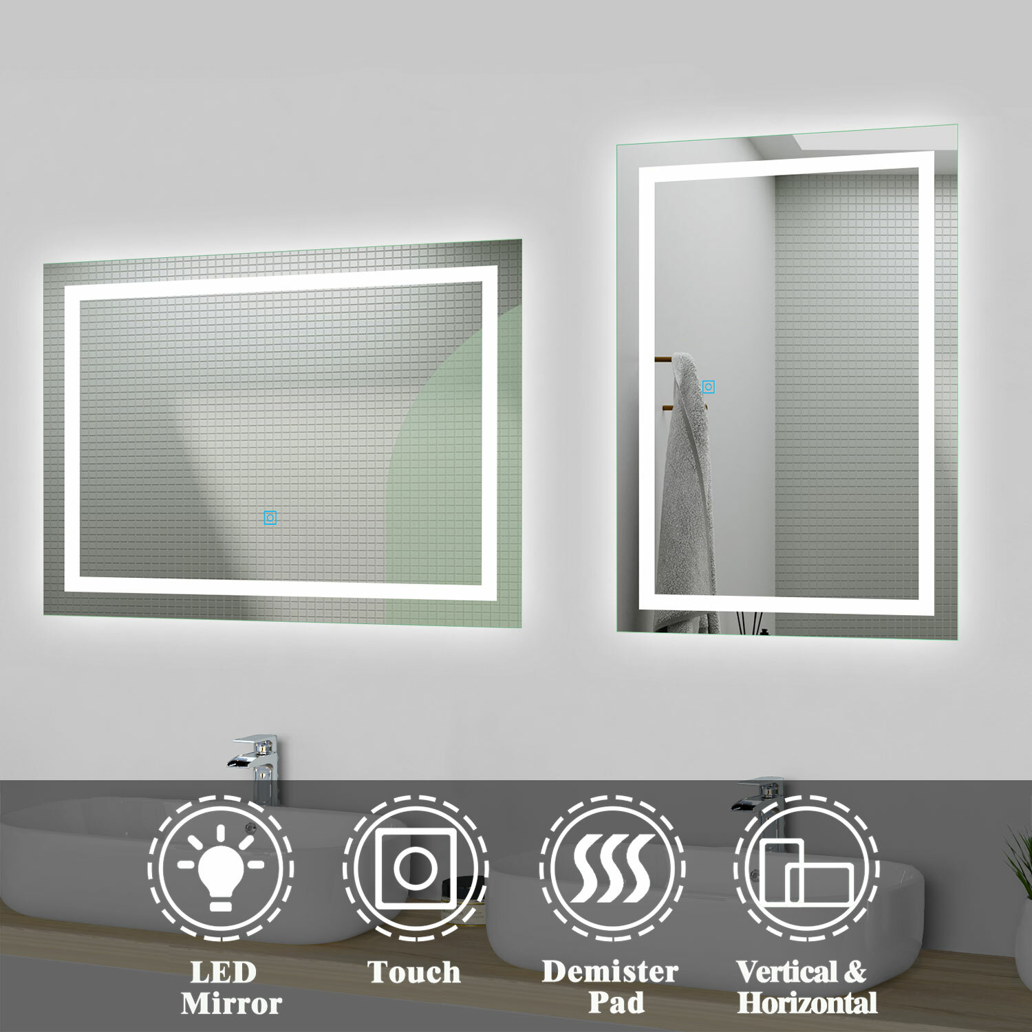 LED Cloakroom Bathroom Mirror Lights Touch Switch Illuminated Anti Mist