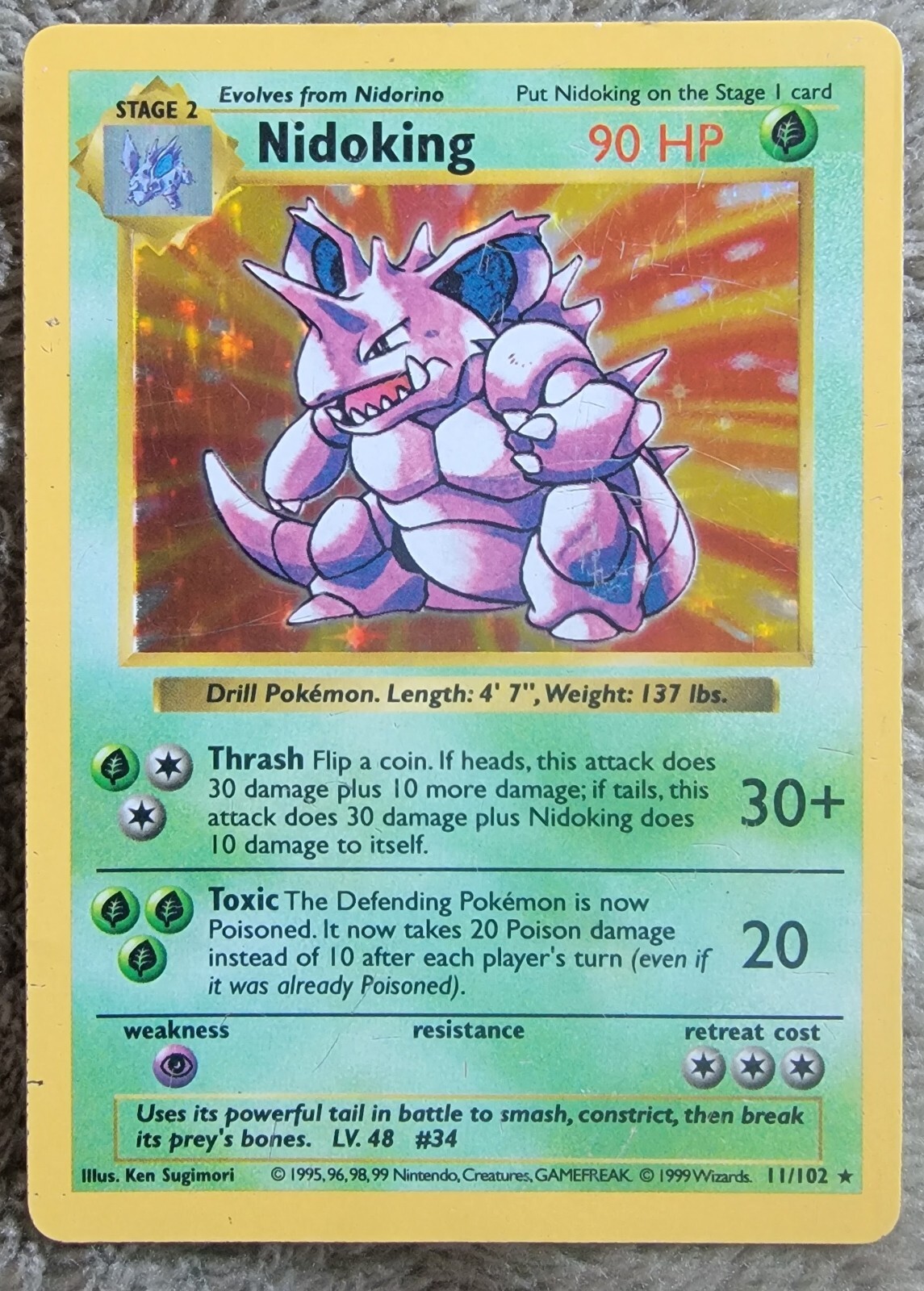 Nidoking 11/102 Base Set Shadowless Holo Rare Vintage 1999 Unlimited Pokemon MP