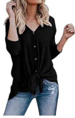 New Chvity Women s Waffle Knit Tunic Tie Knot Loose Fitting Blouse Size Small