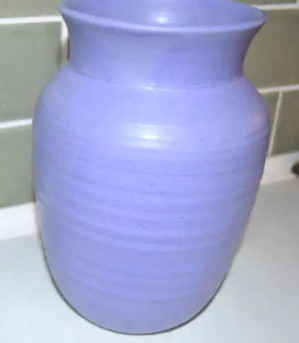 Studio Pottery vase Matte Mauve Blue glaze ribbed signed MCM arts and crafts