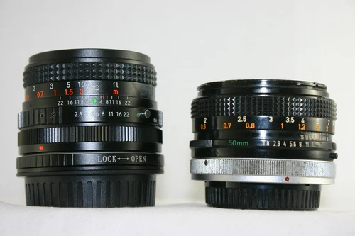 Canon FD 50mm F1:1.8 s.c lens+ Toyo 28mm 2.8 with Adapter to Canon EF.(Japan).