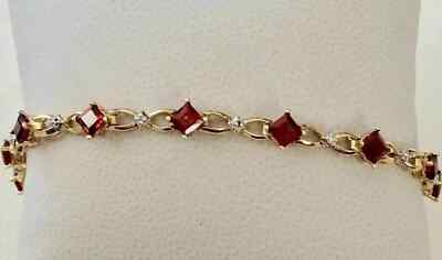 7.24 Ct Princess Cut Simulated Ruby Fancy Tennis Bracelet 14K Yellow Gold Plated
