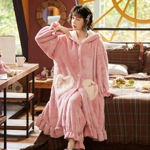 Mädchen Hase Kaninchen lange Ohren Nachthemd warm Flanell Kapuze dick Nachtwäsche PJ's - Bild 10 von 40