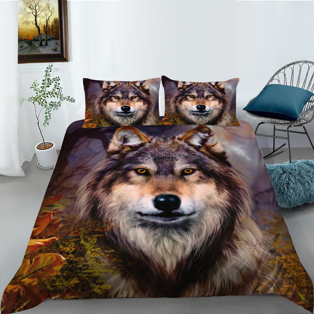 Forest Wolf Autumn Wildlife Duvet Quilt Cover Queen King Bedding Set Pillowcase