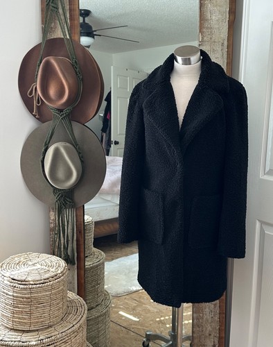 Women's Sz Small French Connection Black Faux Fur Teddy Bear Long Coat Outerwear - Picture 2 of 6