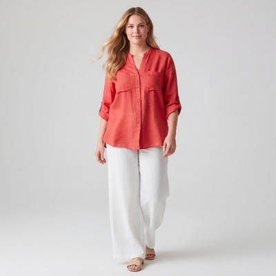 GRACE ELEMENTS Size 2X 100% Linen Shirt Coral Pink Lagenlook Beach Coastal