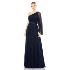 Mac Duggal Embellished One-Shoulder Draped Gown Navy Size 18