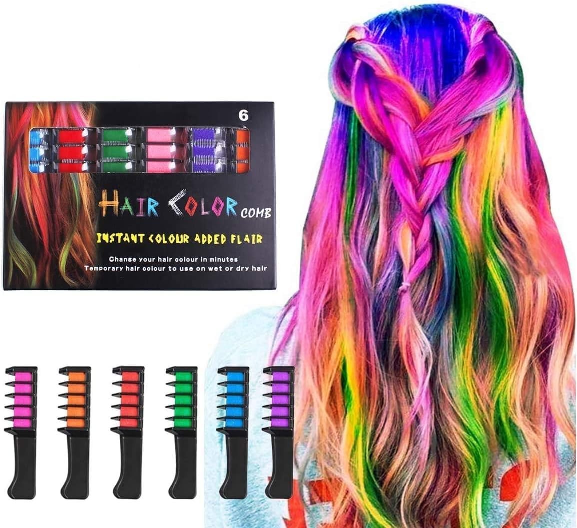 Hair Chalk Comb, 6 Colors Temporary Hair Dye Marker Gifts for Adults 8 9 10 11