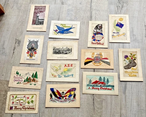 13 x 1907 - WW1 EMBROIDERED & WOVEN SILK POSTCARDS BULLDOG MILITARY CHRISTMAS