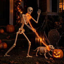 3 Ft Halloween Skeleton Decorations with Dog Skeleton  Light-Up Chain