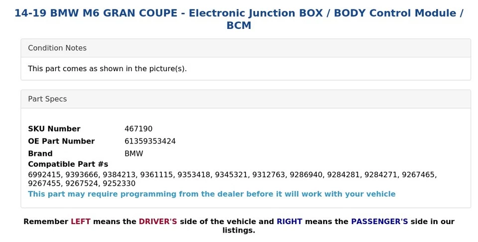 14-19 BMW M6 GRAN COUPE - Electronic Junction BOX / BODY Control Module / BCM - Image 3 of 3