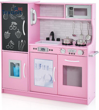 Pink Kids Kitchen Playset, Wooden Little Chef Pretend Toy Kitchen Set W/Chalkboa