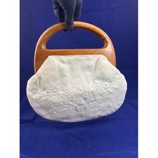 1960s Wooden Handle Handbag Embroidered Ivory Fabric Mid Century Vintage Purse