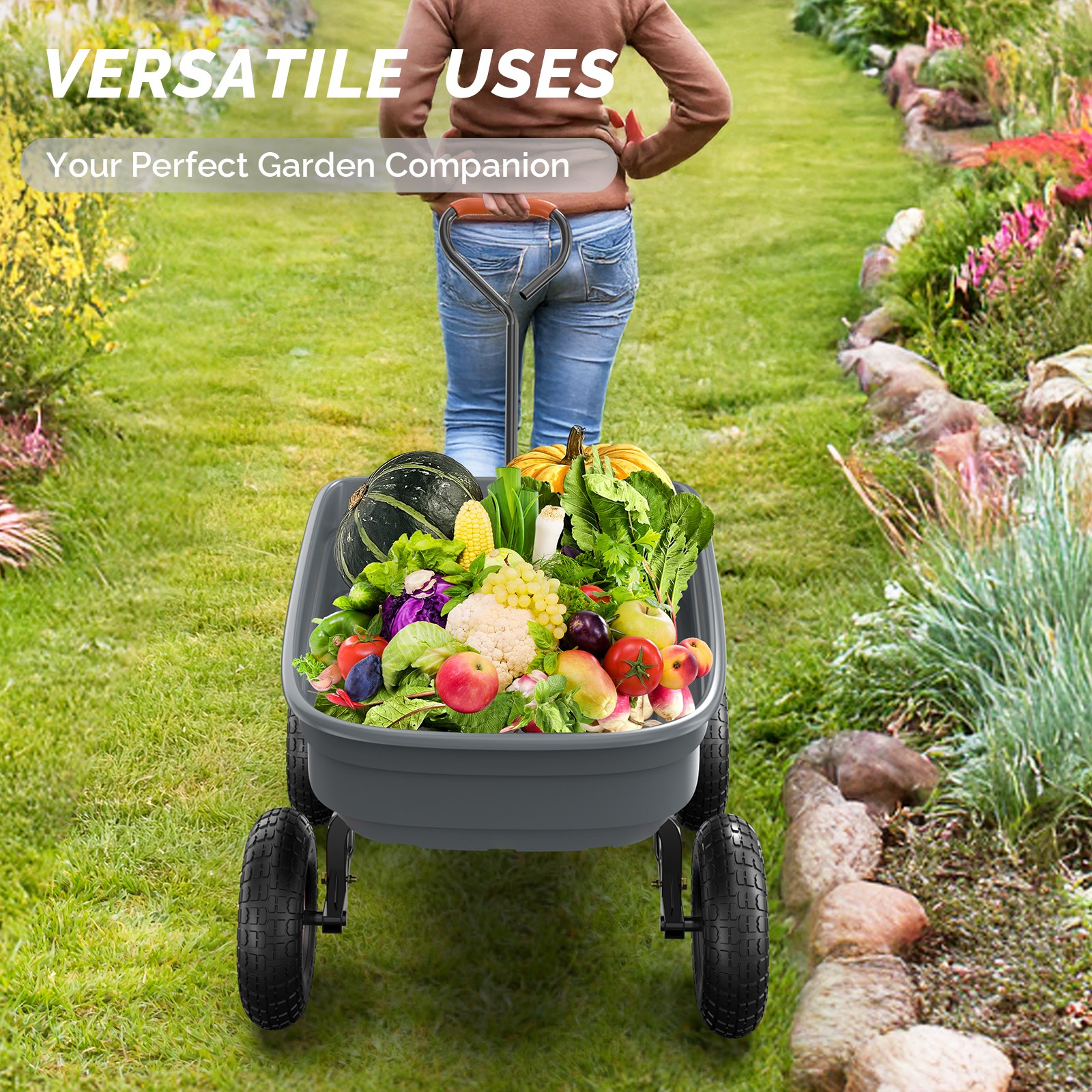 440lbs Poly Garden Cart Dump Wagon, Heavy Duty,4 Wheel Wheelbarrow