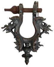 ENORME 13" Antiguo Chino Qing Hierro Fundido Dragón Templo Palacio Puerta Llamador Manija