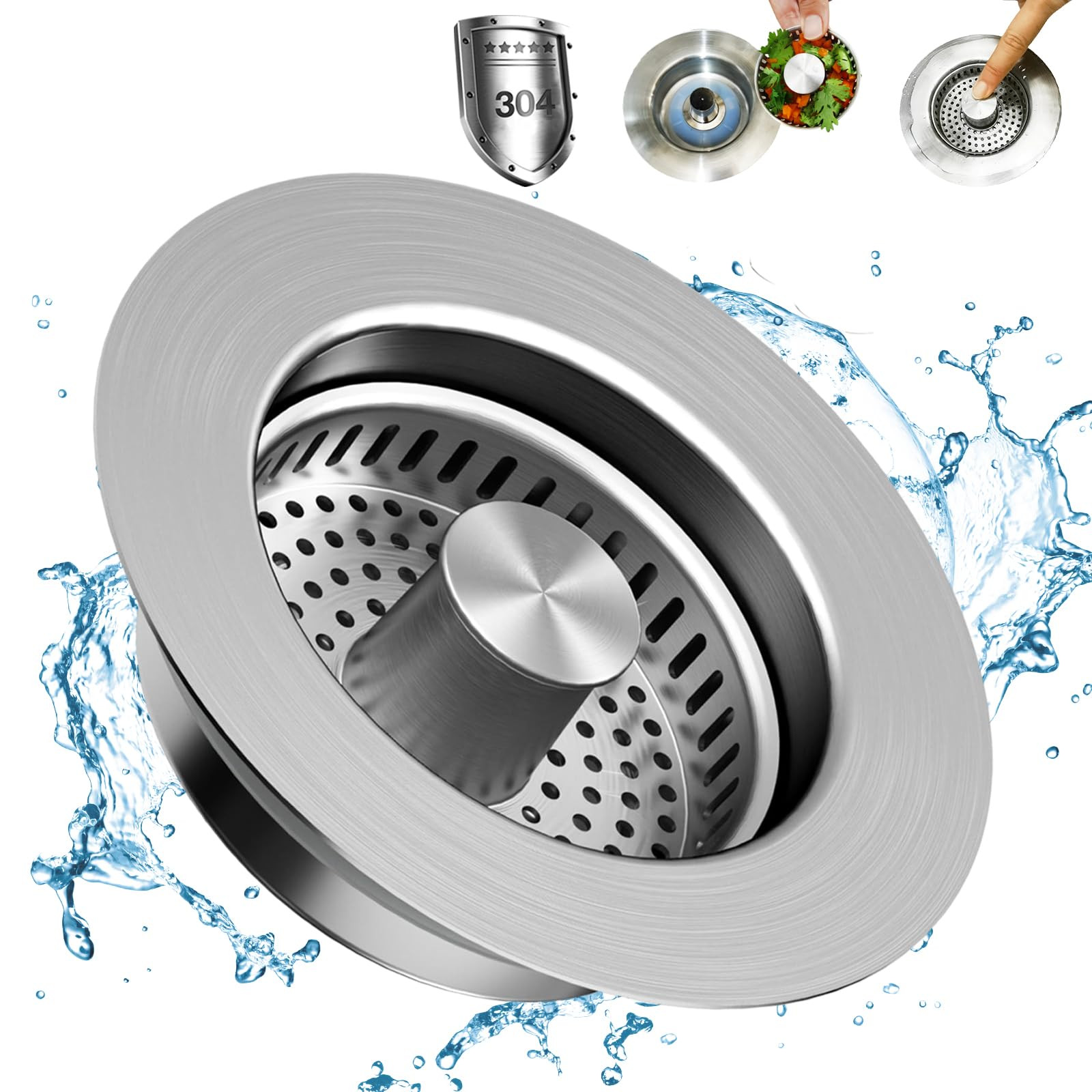 Upgraded 3-in-1 Stainless Steel Kitchen Sink Drain Strainer All Metal Kit