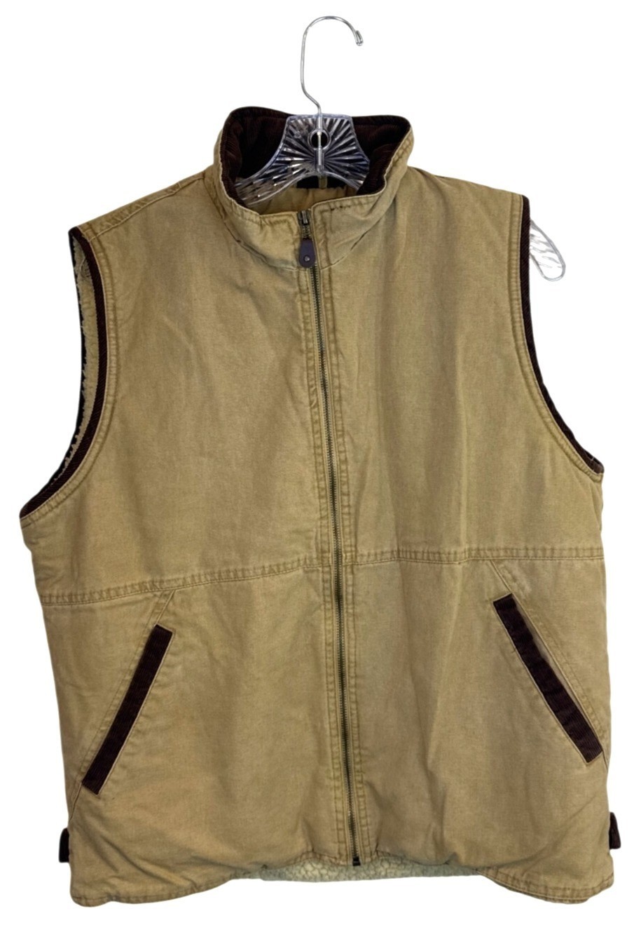 Wrangler Hero Sherpa Lined Canvas Vest Men's M Full Zip Tan Corduroy Trim