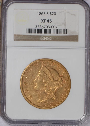 1865-S Gold Liberty Head $20 NGC XF45. Civil War issue.
