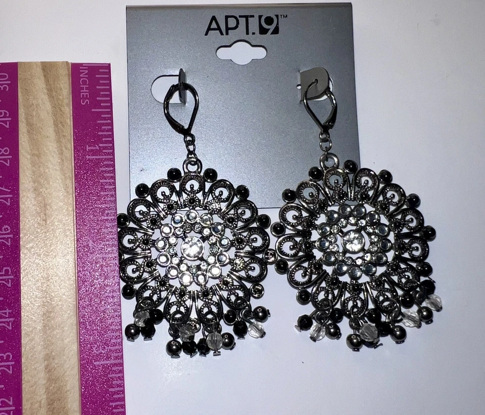 Apt 9 Earrings Silver Tone Dangle Drop Ornate Black Rhinestones NEW 18p - Image 3 of 4