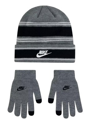 Nike Boys' Multi Stripe Beanie and Gloves Piece Set- Smoke Grey
