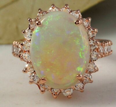 3Ct Oval Simulated Fire Opal Halo Engagement Ring 14K Rose Gold Plated Silver