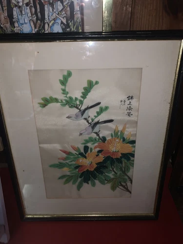 Glass Framed, Signed Silk Painting, Representing the Bird on the Tree