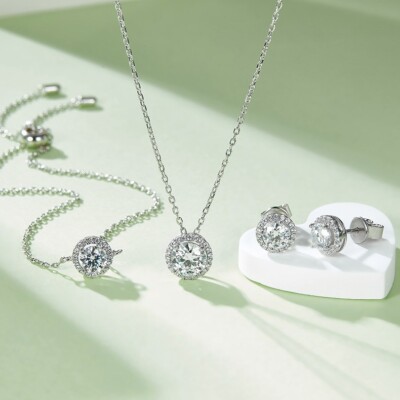 GRA 1ct Round Halo Moissanite Pendant Necklace Earrings Studs 925 Silver N16A