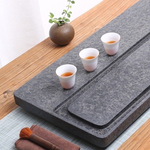 multi size black stone tea tray simple pattern water draining tea boat on sales - Picture 2 of 12