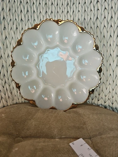 Vintage Anchor Hocking Milk Glass Deviled Egg Plate with Gold Trim Ornate
