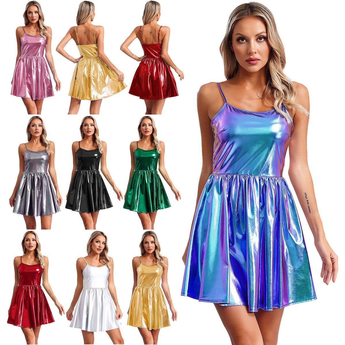 Spaghetti Straps Metallic A-Line Sleeveless Party Mini Dress, Gold / M