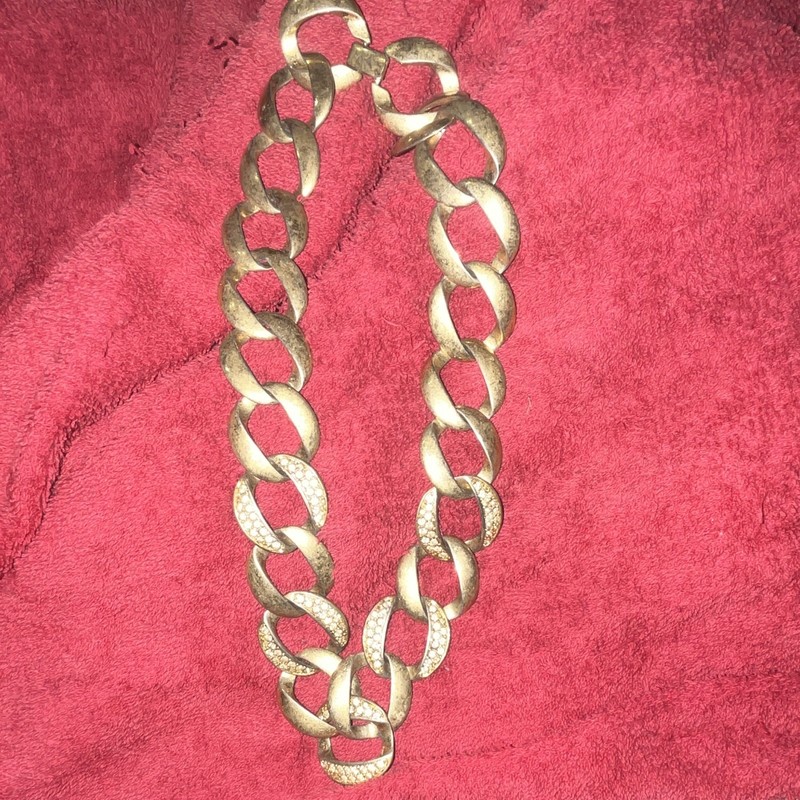Vintage Gold Tone Cuban Link Chain Necklace Clear Round Crystal Rhinestone Pavé