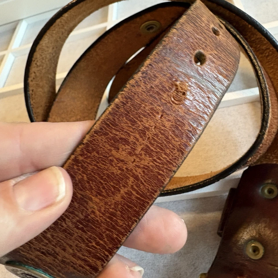 Cinturón de cuero envejecido de colección escopeta calibre 12 latón macizo talla 38-42 usado Foto 3 de 4