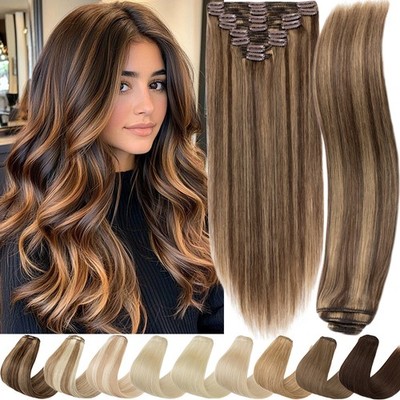 Extra Thick Remy Human Clip In Hair Extensions Balayage Full Head Double Wefted
