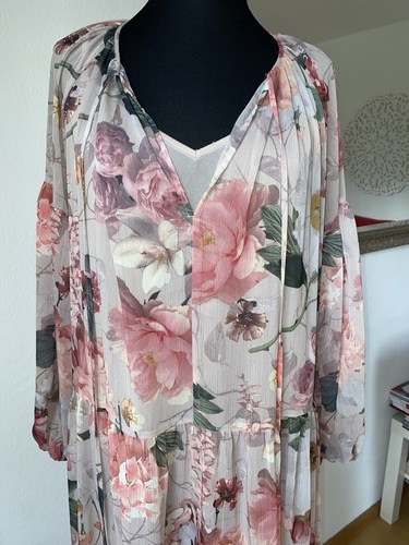 H&M Kleid Maxikleid mit Unterkleid Chiffon Blumen Rüschen Boho Gr S M wie Neu - Bild 3 von 10