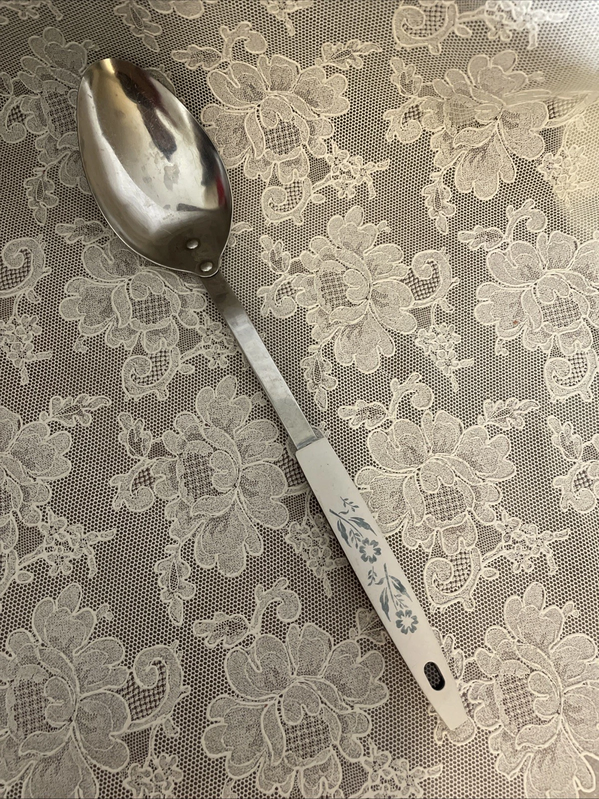 Vintage Stainless USA Solid Serving Basting Spoon Blue Cornflower Handle Nice!