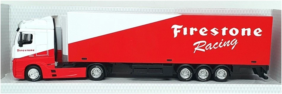 Camión Mercedes Benz Burago escala 1/43 18-31480 con remolque Firestone Racing Foto 3 de 4