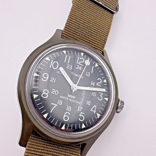 Vtg 1980s Timex Camper MECHANICAL Military Watch - Olive Drab - MACGYVER Era 24h