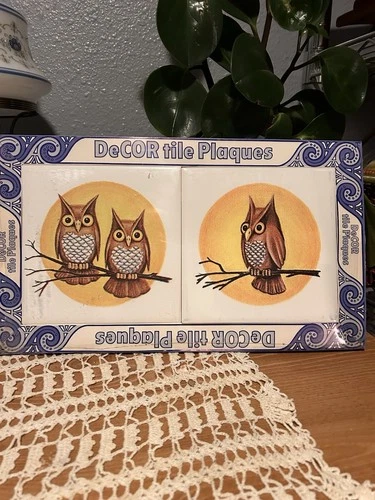 Vintage NOS Ceramic Hoot Owl Ceramic Tiles.  Made In Iowa. 1970s Retro Vibe