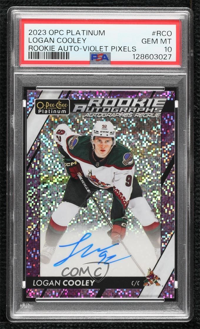 Logan Cooley Arizona Coyotes 2023 O-Pee-Chee Platinum Violet Pixels 69/99 #R-CO PSA 10 Auto 13ft 