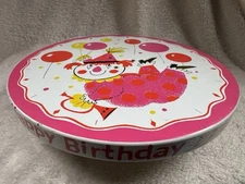Vintage USA Fabcraft Happy Birthday rotating Tin Cake Plate Musical w/Clowns