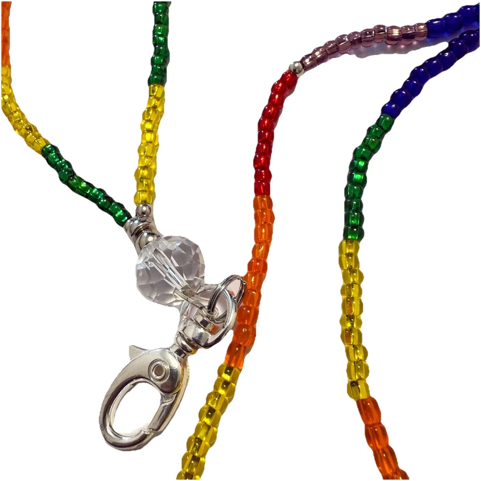 Llavero con cordón arco iris hecho a mano para mujeres hombres collar con cuentas de vidrio insignia de identificación Foto 3 de 4