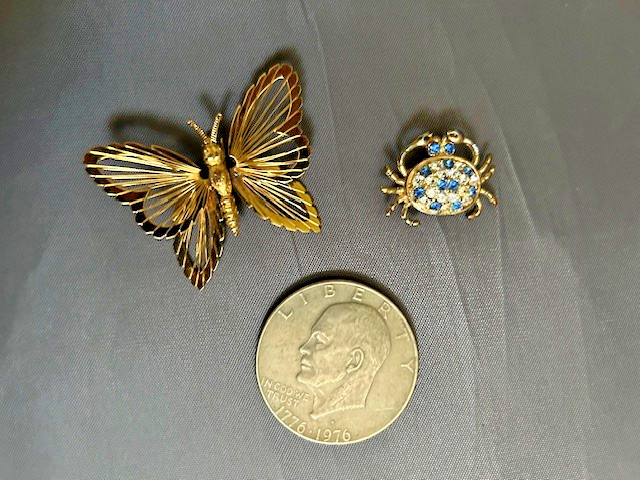 vintage costume jewelry, 2 Broach's, Monet Butterly, Crab w / Rhinestones, c1970