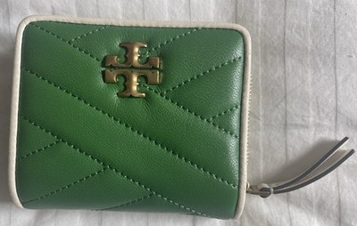 Tory Burch Kira Chevron Bi-fold Wallet Green With White Trim 