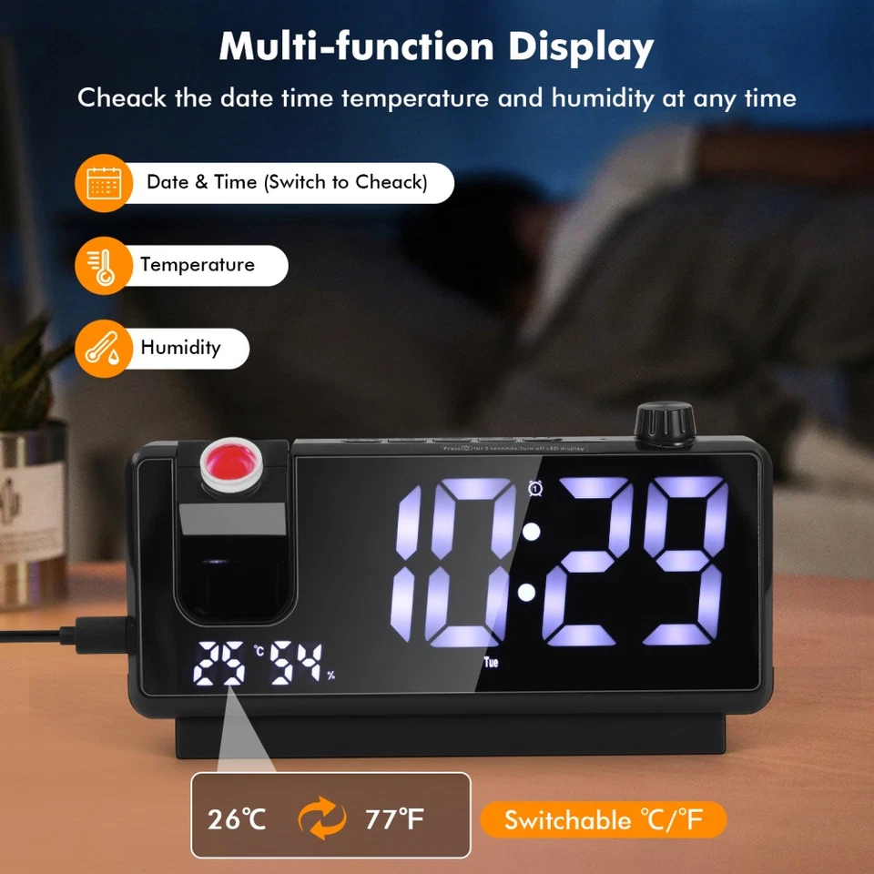 Funk-Projektionswecker Funkwecker USB 2 Alarme Temperaturanzeige Datumsnazeige - Bild 3 von 4