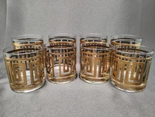 VTG CULVER Greek Key Glasses 22K Gold 8pc Set (4) Old Fashioned (4) Tumblers USA