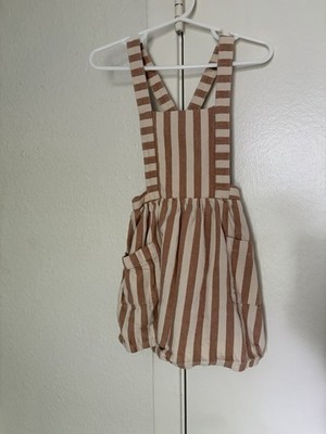 Wonder Nation Girls Brown Beige Striped Overall Dress 3T with Pockets | eBay